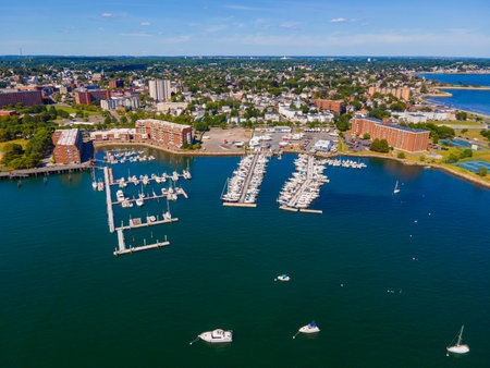 Aerial view of Lynn Heritage State Park and Lynn Yacht Club Marina at the coast of Massachusetts Bay in downtown Lynn, Massachusetts MA, USA.の写真素材