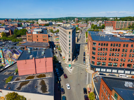 Historic flatiron building aerial view at Willow Street and Central Street in historic downtown Lynn, Massachusetts MA, USA.の写真素材