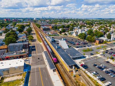 MBTA Commuter Rail stops at Wollaston Station in Wollaston of Quincy city, Massachusetts MA, USA.の写真素材