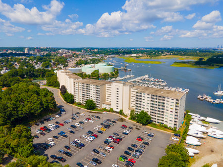 Town River Bay aerial view next to Quincy Bay with Boston modern skyline at the background in city of Quincy, Massachusetts MA, USA.の写真素材