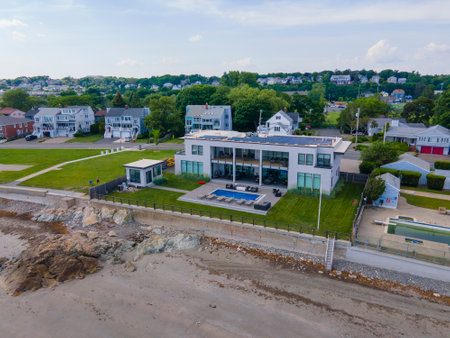 Historic luxurious mansions aerial view on Lincoln House Point at Eisman's Beach in town of Swampscott, Massachusetts MA, USA.の写真素材