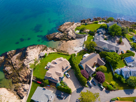 Lincoln House Point and luxurious coastal mansions aerial view between Fishermans Beach and Eisman's Beach in town of Swampscott, Massachusetts MA, USA.の写真素材