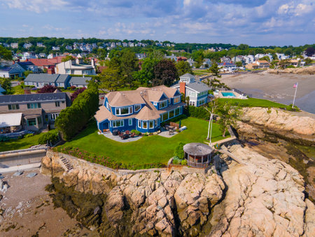 Historic luxurious mansions aerial view on Lincoln House Point at Eisman's Beach in town of Swampscott, Massachusetts MA, USA.の写真素材
