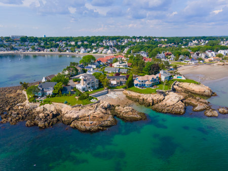 Lincoln House Point and luxurious coastal mansions aerial view between Fishermans Beach and Eisman's Beach in town of Swampscott, Massachusetts MA, USA.の写真素材