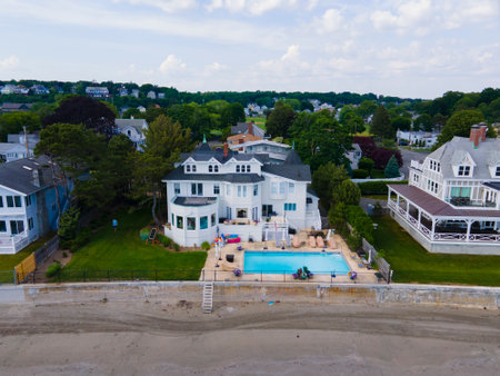 Historic luxurious mansions aerial view on Lincoln House Point at Eisman's Beach in town of Swampscott, Massachusetts MA, USA.の写真素材