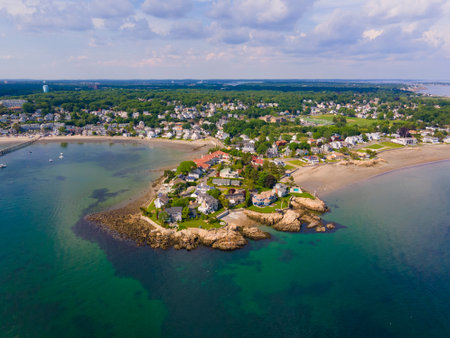 Lincoln House Point and luxurious coastal mansions aerial view between Fishermans Beach and Eisman's Beach in town of Swampscott, Massachusetts MA, USA.の写真素材
