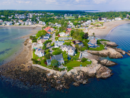 Lincoln House Point and luxurious coastal mansions aerial view between Fishermans Beach and Eisman's Beach in town of Swampscott, Massachusetts MA, USA.の写真素材