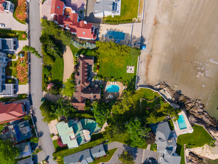 Historic luxurious mansions aerial view on Lincoln House Point at Eisman's Beach in town of Swampscott, Massachusetts MA, USA.の写真素材