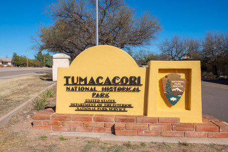 Sign of Tumacacori National Historical Park. The mission was built in 1691 in Tumacacori National Historical Park in Santa Cruz County, Arizona AZ, USA.のeditorial素材