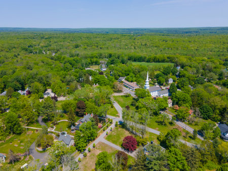 Thompson Hill Historic District aerial view including Congregational church and town common in Thompson Hill village, Thompson, Connecticut CT, USA.の写真素材
