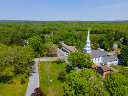 Thompson Hill Historic District aerial view including Congregational church and town common in Thompson Hill village, Thompson, Connecticut CT, USA.の写真素材