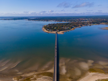 Powder Point Bridge aerial view connects Long Island and Duxbury in town of Duxbury, Massachusetts MA, USA.の写真素材