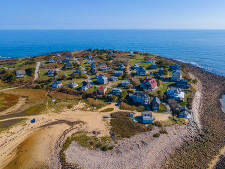 Gurnet Lighthouse and village of Gurnet Point aerial view in fall at the Plymouth Bay in Plymouth, Massachusetts MA, USA.の写真素材
