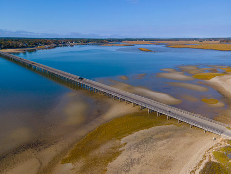 Powder Point Bridge aerial view connects Long Island and Duxbury in town of Duxbury, Massachusetts MA, USA.の写真素材
