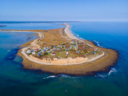 Gurnet Lighthouse and village of Gurnet Point aerial view in fall at the Plymouth Bay in Plymouth, Massachusetts MA, USA.の写真素材