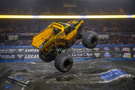 Earth Shaker in Monster Jam competition in DCU Center in Worcester, Massachusetts MA, USA.のeditorial素材