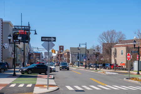 Historic commercial buildings on Somerville Avenue at Union Square in city of Somerville, Massachusetts MA, USA.のeditorial素材