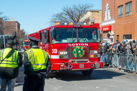 Fire Truck in Saint Patrick's Day Parade in Boston, Massachusetts MA, USA.のeditorial素材