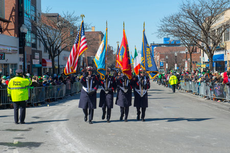 Military March in Saint Patrick's Day Parade in Boston, Massachusetts MA, USA.のeditorial素材