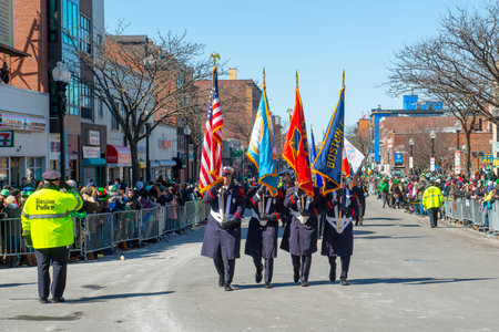 Military March in Saint Patrick's Day Parade in Boston, Massachusetts MA, USA.のeditorial素材