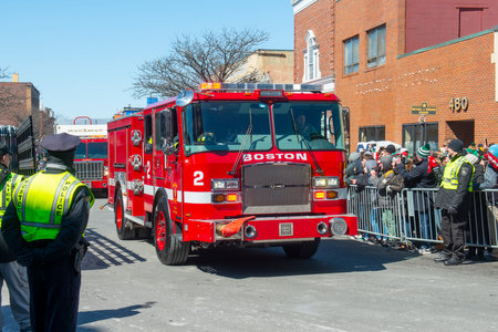 Fire Truck in Saint Patrick's Day Parade in Boston, Massachusetts MA, USA.のeditorial素材