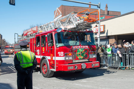 Fire Truck in Saint Patrick's Day Parade in Boston, Massachusetts MA, USA.のeditorial素材