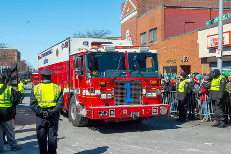 Fire Truck in Saint Patrick's Day Parade in Boston, Massachusetts MA, USA.のeditorial素材