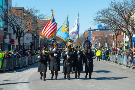 Military March in Saint Patrick's Day Parade in Boston, Massachusetts MA, USA.のeditorial素材