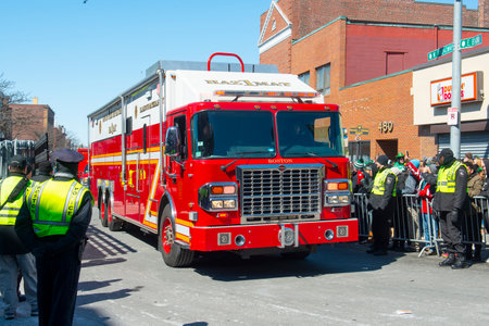Fire Truck in Saint Patrick's Day Parade in Boston, Massachusetts MA, USA.のeditorial素材