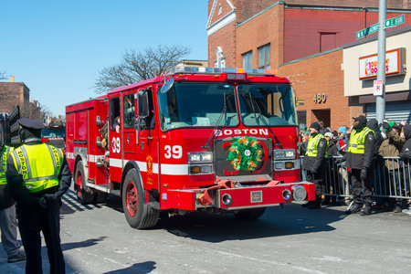 Fire Truck in Saint Patrick's Day Parade in Boston, Massachusetts MA, USA.のeditorial素材