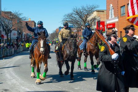 Mounted police officers marched on 2018 Saint Patrick's Day Parade in Boston, Massachusetts MA, USA.のeditorial素材