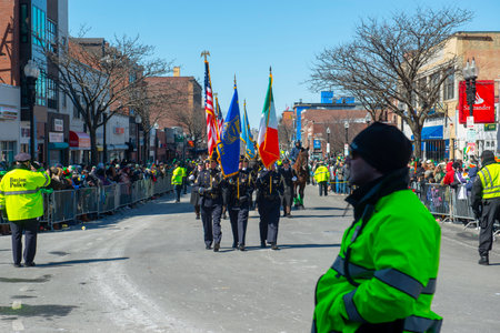 Military March in Saint Patrick's Day Parade in Boston, Massachusetts MA, USA.のeditorial素材