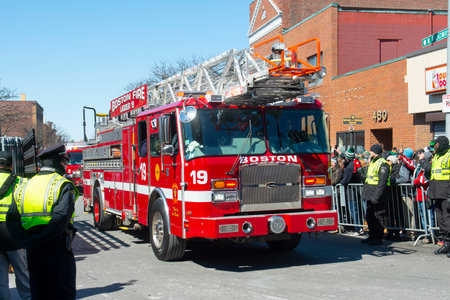 Fire Truck in Saint Patrick's Day Parade in Boston, Massachusetts MA, USA.のeditorial素材
