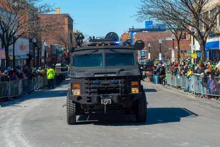 Armored Police Vehicle in Saint Patrick's Day Parade in Boston, Massachusetts MA, USA.のeditorial素材
