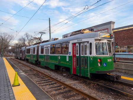 Boston MBTA Green Line Kinki Sharyo Type 7 train at Cleveland Circle terminal on Beacon Street in Brighton, Boston, Massachusetts MA, USA.のeditorial素材