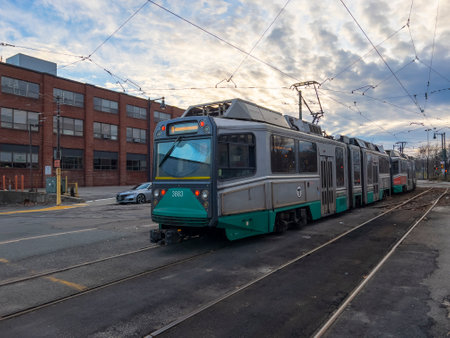 Boston MBTA Green Line Ansaldo Breda Type 8 train at Cleveland Circle terminal on Beacon Street in Brighton, Boston, Massachusetts MA, USA.のeditorial素材