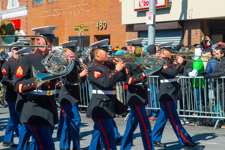 Military Band march on 2018 Saint Patrick's Day Parade in Boston, Massachusetts MA, USA.のeditorial素材