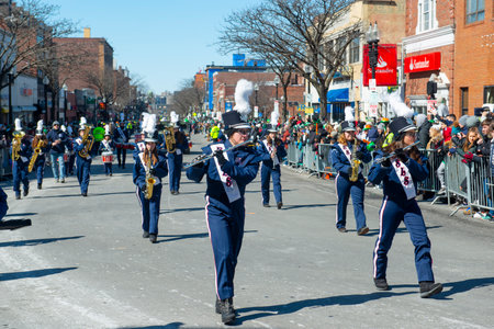 Les Seigneuries Marching Band on 2018 Saint Patrick's Day Parade in Boston, Massachusetts MA, USA.のeditorial素材