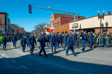 US Coast Guard march on 2018 Saint Patrick's Day Parade in Boston, Massachusetts MA, USA.のeditorial素材