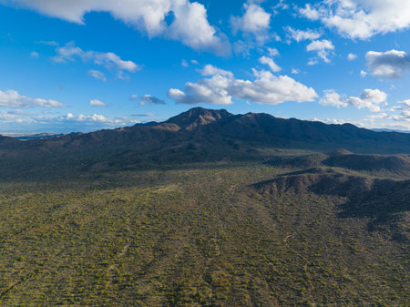 Wasson Peak aerial view with Sonoran Desert landscape in Tucson Mountain District in Saguaro National Park in city of Tucson, Arizona AZ, USA.の写真素材