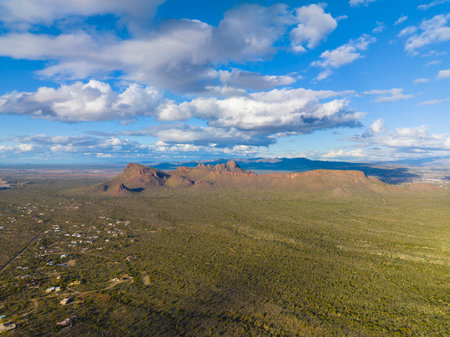 Panther Peak and Safford Peak aerial view with Sonoran Desert landscape in Tucson Mountain District in Saguaro National Park in city of Tucson, Arizona AZ, USA.の写真素材