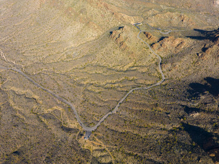 Gates Pass Road aerial view in Tucson Mountains with Sonoran Desert landscape from Gates Pass near Saguaro National Park in city of Tucson, Arizona AZ, USA.の写真素材