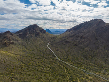 Yetman Trail between Ringtail Ridge and Golden Gate Peak in Tucson Mountains aerial view with Sonoran Desert landscape from Gates Pass near Saguaro National Park in city of Tucson,の写真素材
