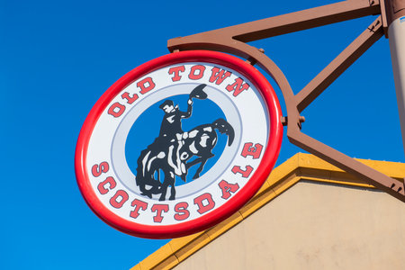 Old Town Scottsdale sign at Main Street at Scottsdale Road in historic city center of Scottsdale, Arizona AZ, USA.のeditorial素材