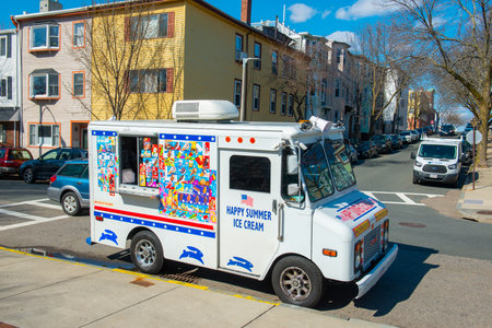 Happy Summer Ice Cream vending truck near Boston Harbor in East Boston in city of Boston, Massachusetts MA, USA.のeditorial素材