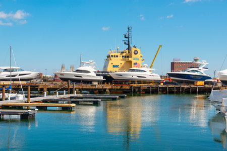 Luxurious yachts docked at East Boston in city of Boston, Massachusetts MA, USA.のeditorial素材
