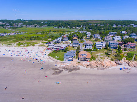 Good Harbor Beach aerial view in summer in Gloucester, Cape Ann, Massachusetts MA, USA.の写真素材