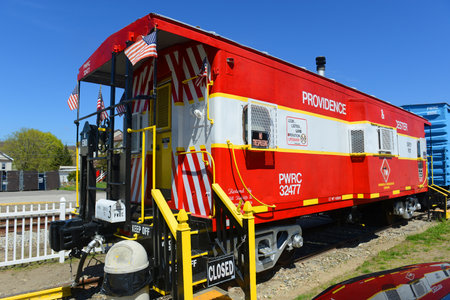 Providence and Worcester Railroad caboose at Webster Depot on Main Street in historic town center of Webster, Massachusetts MA, USA.のeditorial素材