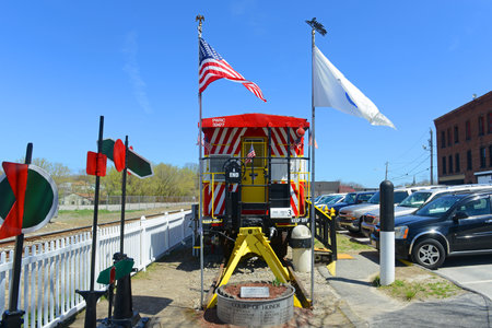 Providence and Worcester Railroad caboose at Webster Depot on Main Street in historic town center of Webster, Massachusetts MA, USA.のeditorial素材