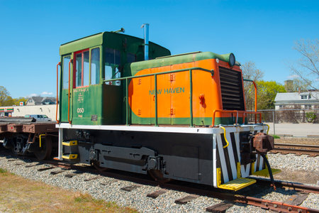 New Haven locomotive at Webster Depot on Main Street in historic town center of Webster, Massachusetts MA, USA.のeditorial素材